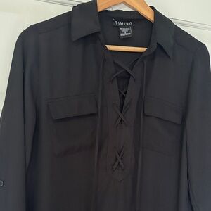TIMING Black Lace-Up Collar Polyester Blouse